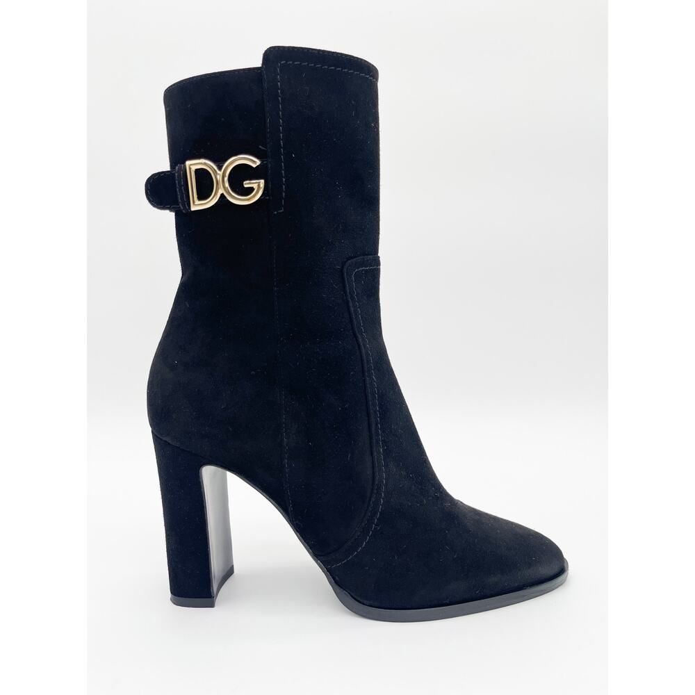 Dolce & Gabbana Black Suede DG Logo Block Heel Round Toe Ankle Boots IT 38